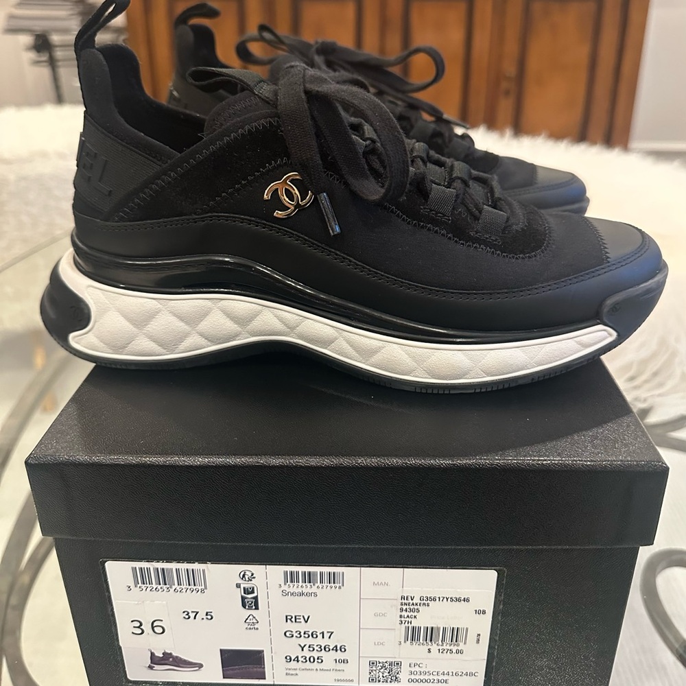 CHANEL Black & White Quilted Sneakers with Gold CC Charm size 37.5 - Picture 2 of 13